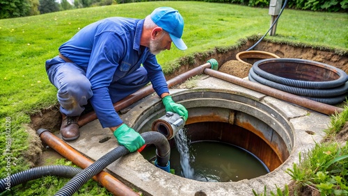Plumber submerges wastewater pump into septic tank effluent to pumping sewage water before tank maintenance.
