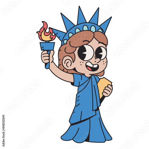 Vector Funny Statue Of Liberty Cartoon Celebrate 4th July Illustration Isolated