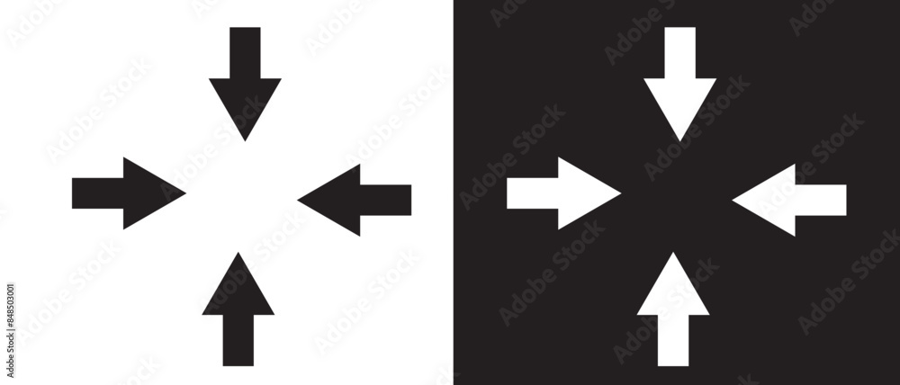 Inward arrows silhouette shape icon. Radial inward arrow icon set. Arrow pointing center vector on white and black background. vector illustration. Inward arrows silhouette shape icon. Radial inward arrow icon set. Arrow pointing center vector on white and black background. vector illustration.