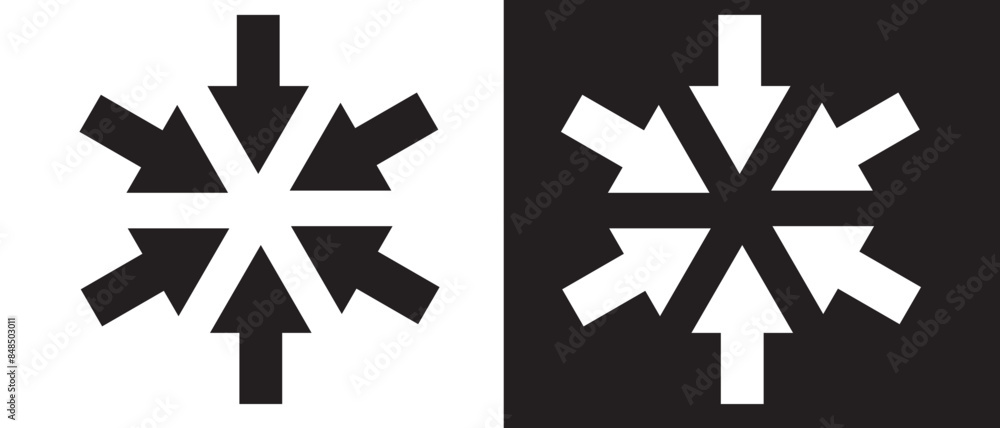 Inward arrows silhouette shape icon. Radial inward arrow icon set. Arrow pointing center vector on white and black background. vector illustration. Inward arrows silhouette shape icon. Radial inward arrow icon set. Arrow pointing center vector on white and black background. vector illustration.