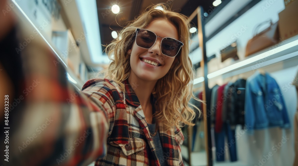 A stylish woman taking a selfie in a trendy clothing store, wearing sunglasses and a plaid jacket, smiling cheerfully. A stylish woman taking a selfie in a trendy clothing store, wearing sunglasses and a plaid jacket, smiling cheerfully.