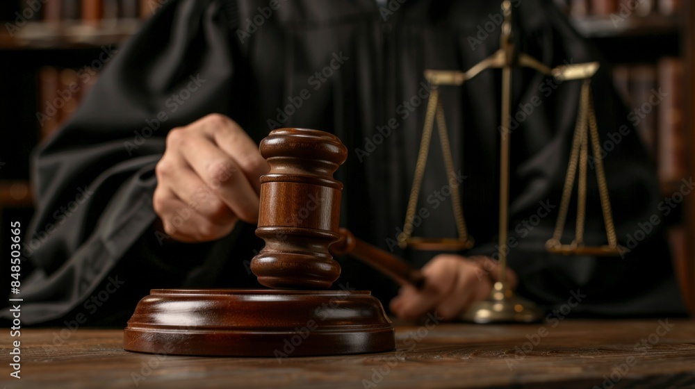 Court of Law and Justice Trial Session: Imparcial Honorable Judge Pronouncing Sentence, striking Gavel. Focus on Mallet, Hammer. Cinematic Shot of Dramatic Not Guilty Verdict. Close-up Shot. Court of Law and Justice Trial Session: Imparcial Honorable Judge Pronouncing Sentence, striking Gavel. Focus on Mallet, Hammer. Cinematic Shot of Dramatic Not Guilty Verdict. Close-up Shot.