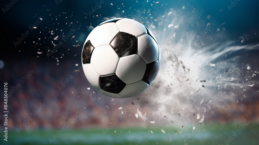 Naklejka premium A soccer ball in mid-air with explosive impact and motion blur