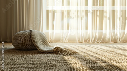 Soft morning light shines through the sheer curtains onto the nubby beige carpet. photo