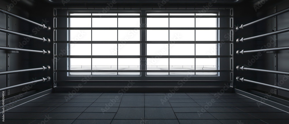 modern Boxing Ring square platform enclosed by ropes and corner posts, center stage for competitive bouts, showcasing athleticism, strategy, and adrenaline-pumping excitement under bright lights