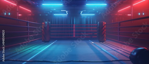 modern Boxing Ring square platform enclosed by ropes and corner posts  center stage for competitive bouts  showcasing athleticism  strategy  and adrenaline-pumping excitement under bright lights