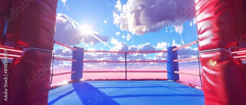 modern Boxing Ring square platform enclosed by ropes and corner posts, center stage for competitive bouts, showcasing athleticism, strategy, and adrenaline-pumping excitement under bright lights photo