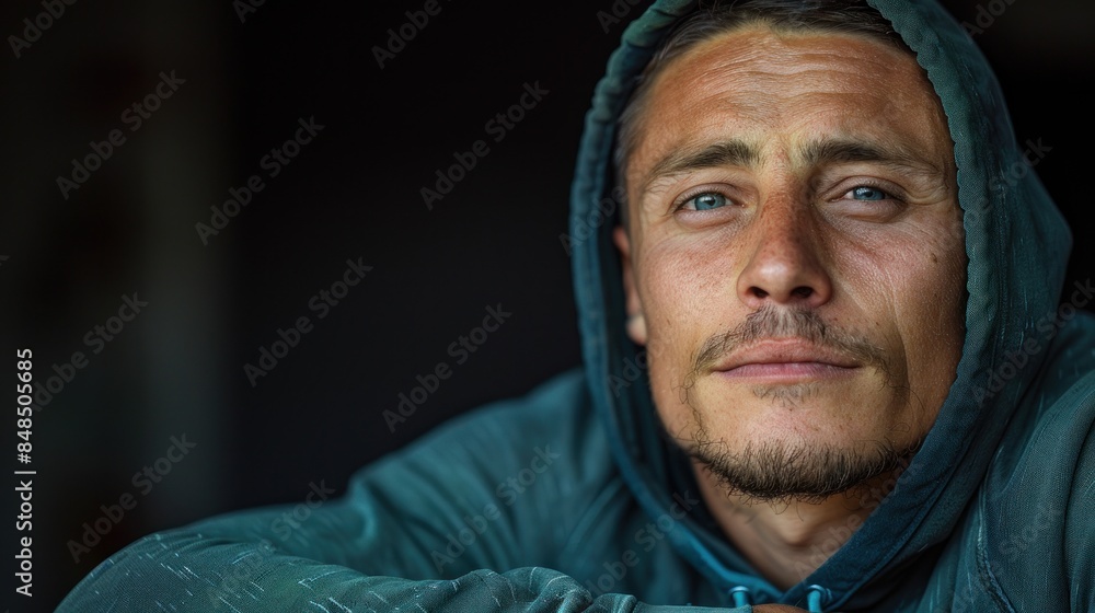 A close-up portrait of a man wearing a hooded sweatshirt, his eyes piercing the darkness A close-up portrait of a man wearing a hooded sweatshirt, his eyes piercing the darkness