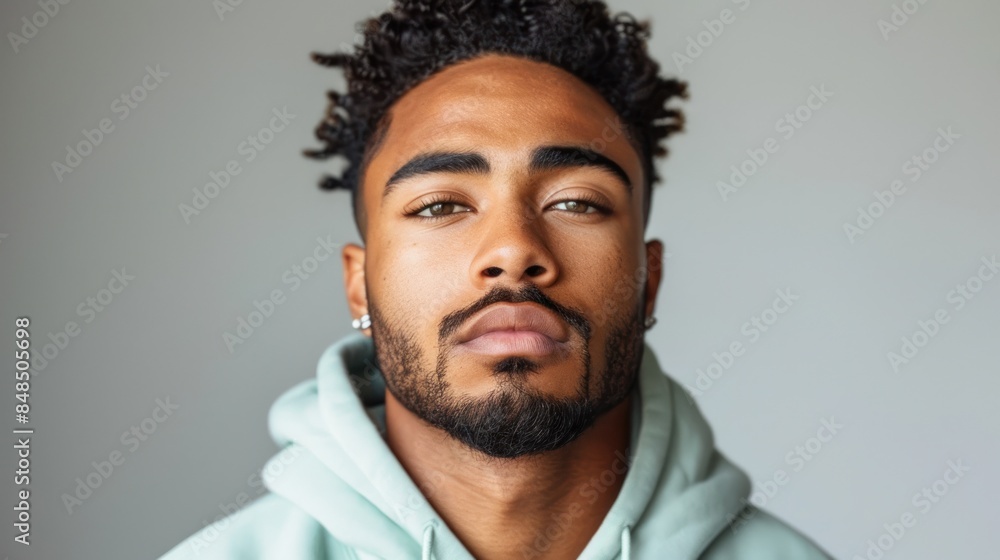 Fototapeta premium A close-up portrait of a man with a serious expression, wearing a light blue hooded sweatshirt