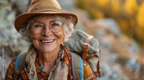 A smiling woman in a hat and glasses enjoys an autumn hike
