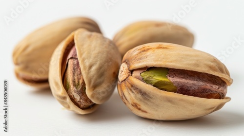 A close-up shot of pistachio nuts, revealing the intricate details of their shells and the vibrant green kernels within