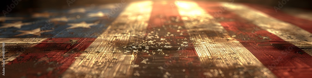 3D rendering of the American flag background. The flag is spread across an empty stage, illuminated by bright rays of light that highlight its intricate details 3D rendering of the American flag background. The flag is spread across an empty stage, illuminated by bright rays of light that highlight its intricate details