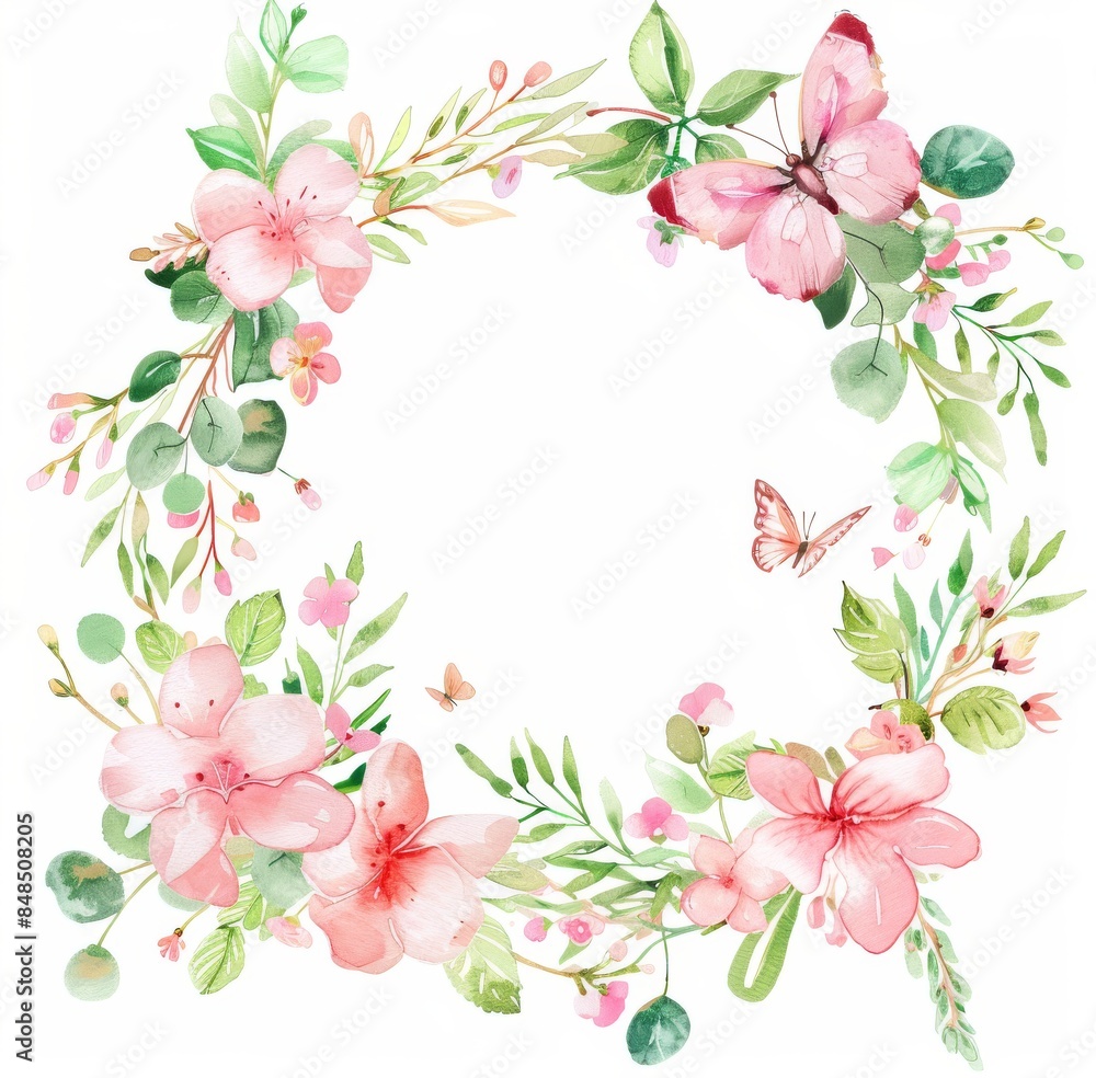 Watercolor spring wreath with flowers and butterfly Watercolor spring wreath with flowers and butterfly