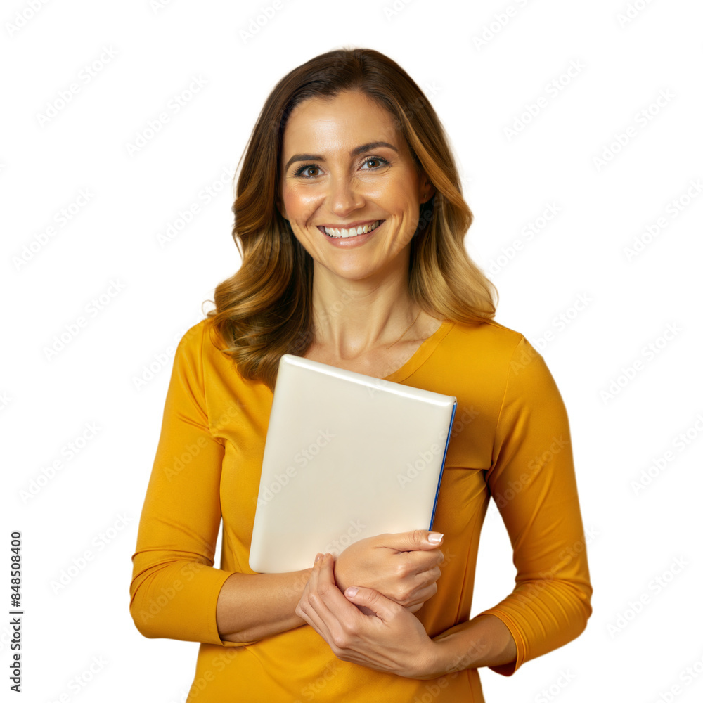 Smiling woman holding a tablet on a transparent background Smiling woman holding a tablet on a transparent background