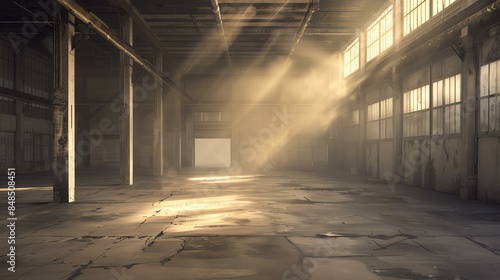 An empty warehouse with sunlight shining through the windows. The floor is cracked and dirty, and the walls are bare. © Farm