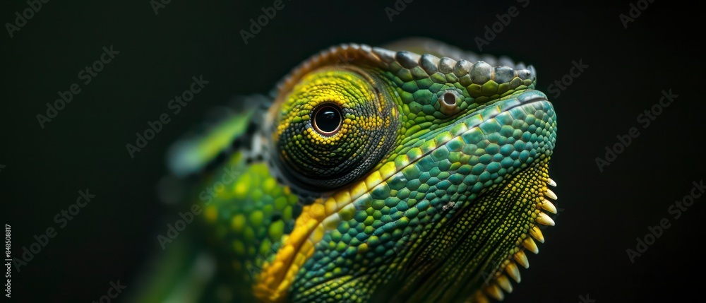 Fototapeta premium a chameleon, a fascinating reptile known for its camouflage and color-changing ability, looks away with its mesmerizing eyes and intricate scales