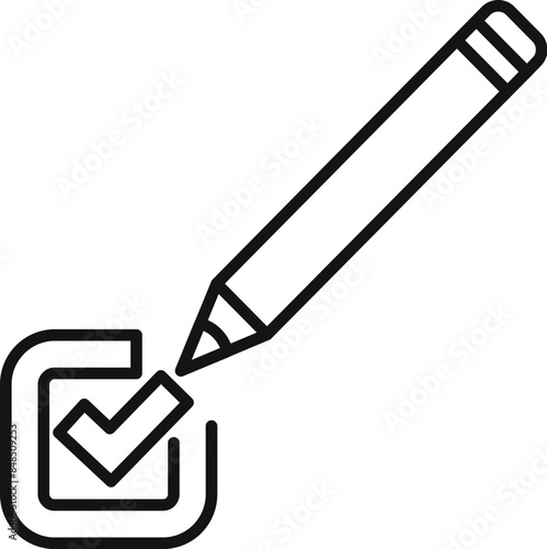 Simple line art icon of a pencil drawing a check mark in a checkbox, representing the concept of completing a task