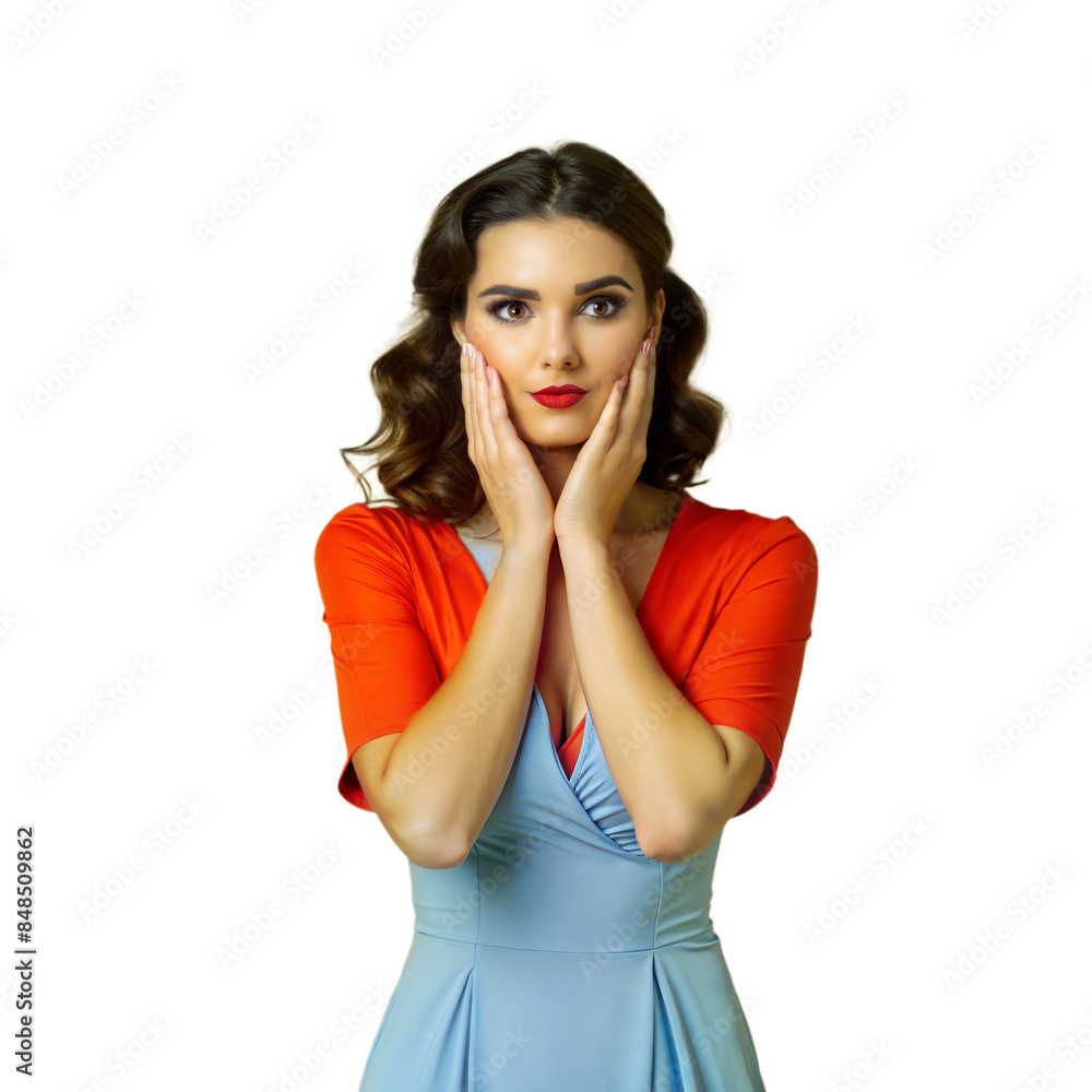 Surprised woman in retro dress on transparent background Surprised woman in retro dress on transparent background