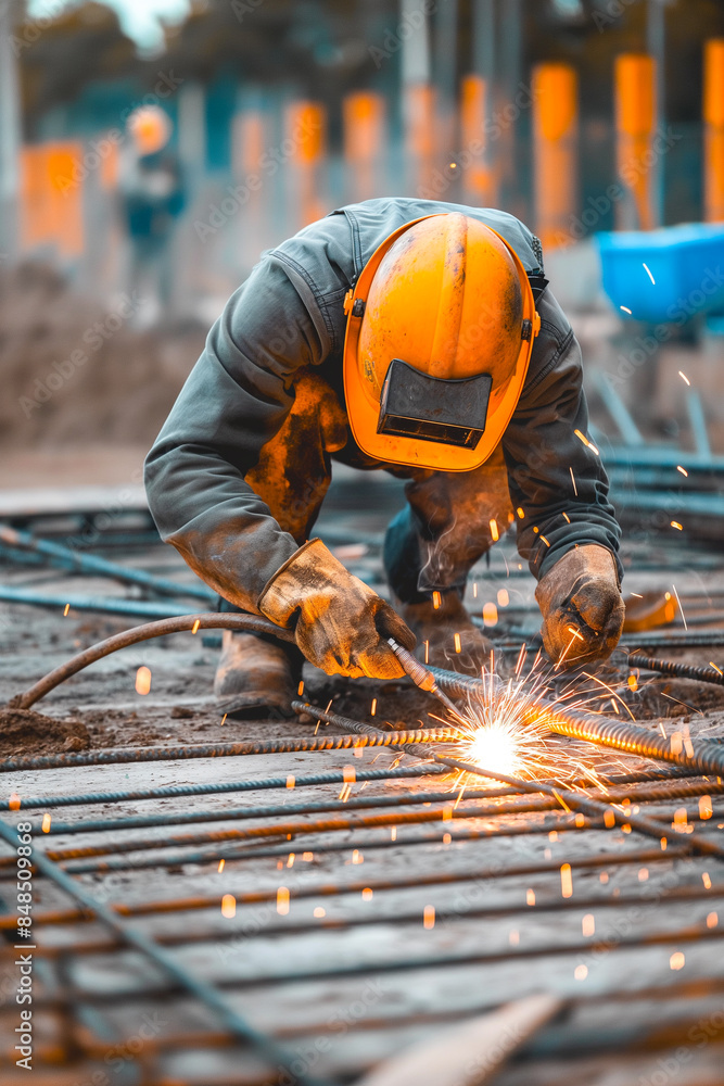 A man in a yellow helmet is working on a construction site A man in a yellow helmet is working on a construction site