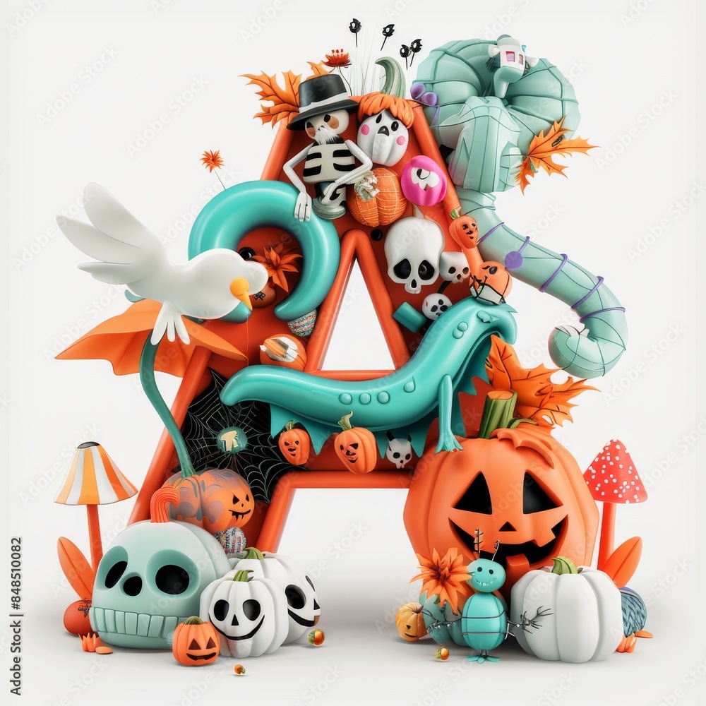 Naklejka premium Halloween letter A with pumpkins and ghost. Autumn Halloween letter A with pumpkins.