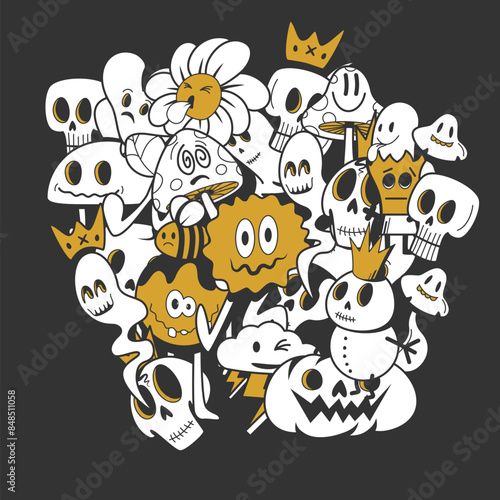 A unique doodle style illustration at the intersection of creepy and cute. The illustration is filled with original characters and thoughtful lines. Vector illustration.