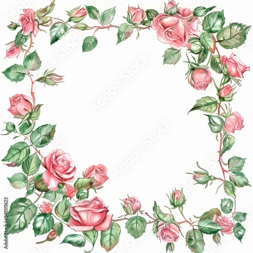 Watercolor square frame with pink roses and leaves on a white background 