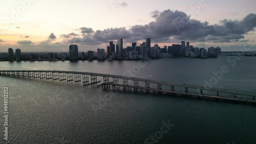 4k drone sunset Miami skyline