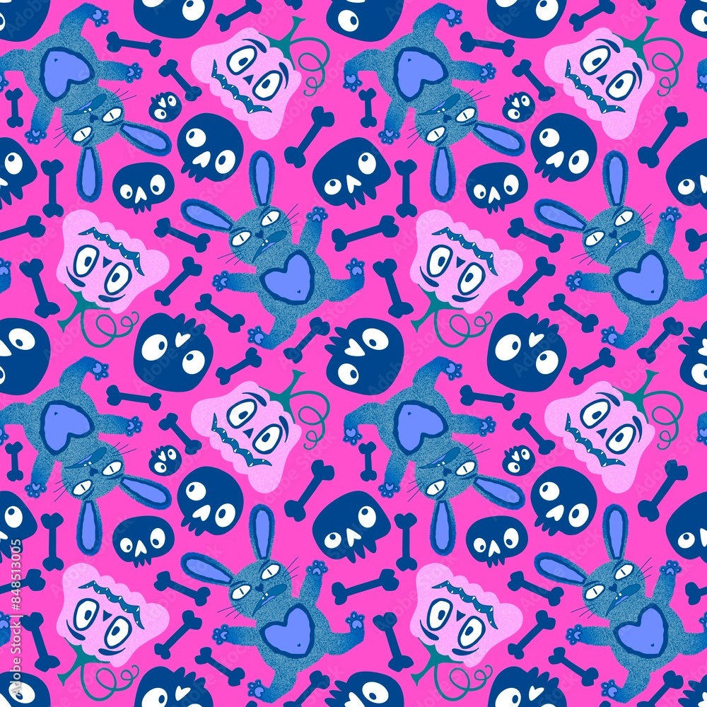 Halloween monsters seamless bunnies and pumpkins and skulls pattern