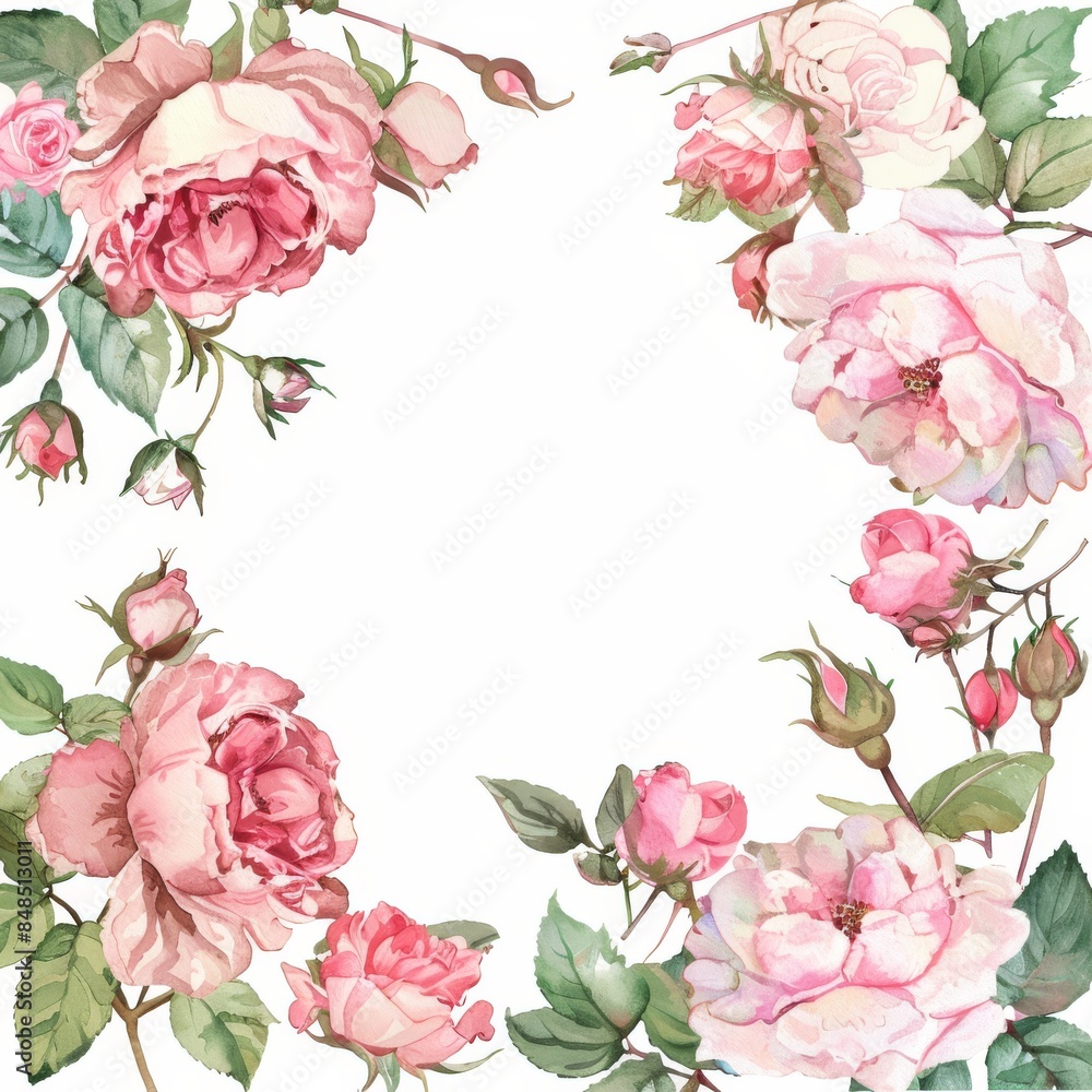 Watercolor square frame with pink roses and leaves on a white background Watercolor square frame with pink roses and leaves on a white background