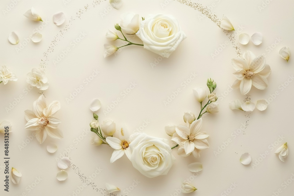 Create elegance with a flat lay of white roses, blossoms, and floral arrangements. Copy space Create elegance with a flat lay of white roses, blossoms, and floral arrangements. Copy space