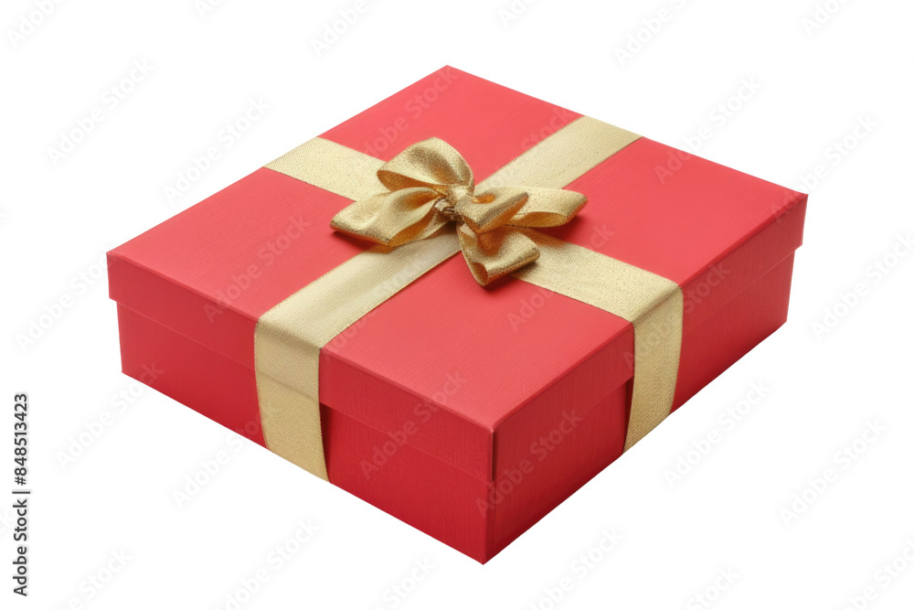 Fototapeta premium Red gift box PNG with golden ribbon and bow isolated on white background