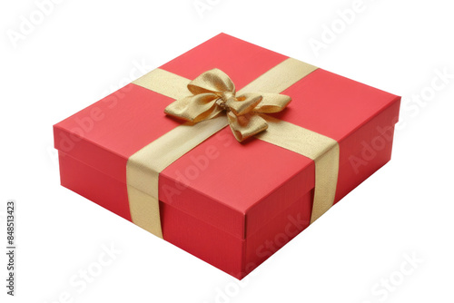 Red gift box PNG with golden ribbon and bow isolated on white background