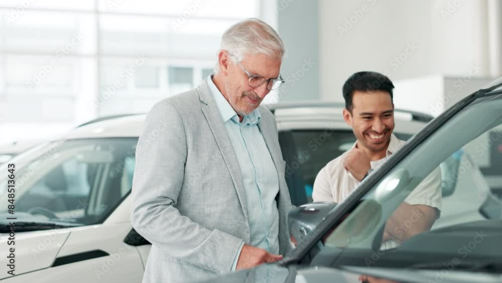 Man, dealership and car to buy, salesperson and talking for choice, purchase and customer with smile. Shop, transportation and vehicle for travel, conversation and discussion in store of New York Man, dealership and car to buy, salesperson and talking for choice, purchase and customer with smile. Shop, transportation and vehicle for travel, conversation and discussion in store of New York