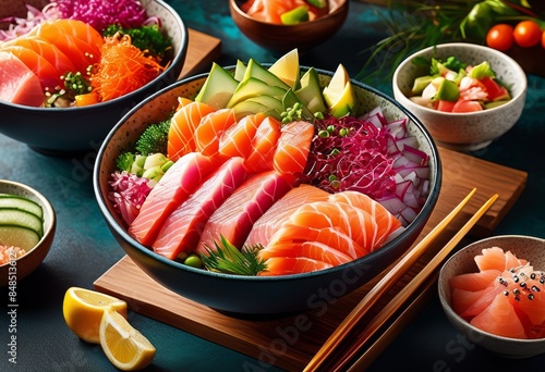 colorful poke bowl fresh healthy meal tuna salmon japanese cuisine dish, vibrant, slices, seafood, raw, ingredients, vegetables, rice, garnish, delicious