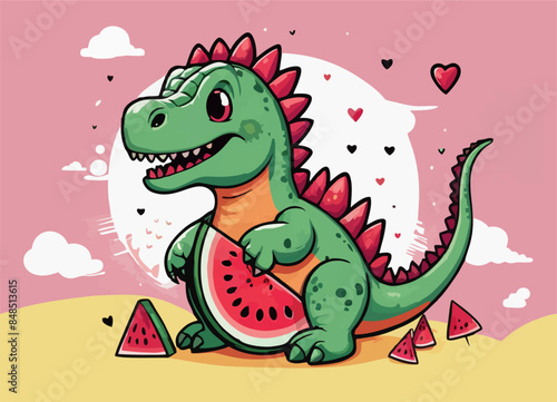 Vector drawing for children t-shirt. 
Green cute baby dinosaur raptor in desert
with triangular piece of watermelon,   
heart, cloud on pink background. 
Design for textile, paper, fabric, 
clothing.