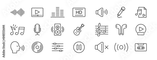 Music icon set. Content music icons. Guitar, play, music note, sound, headphones, mic. Vector