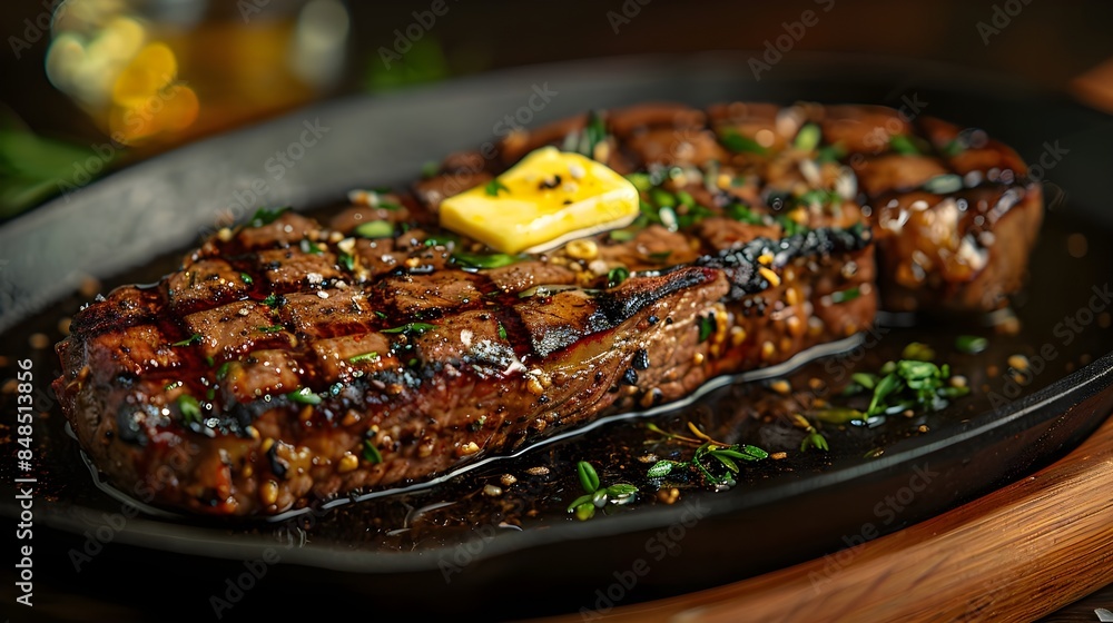 Shot of a steak on a cast iron skillet, with butter and herbs sizzling around it Shot of a steak on a cast iron skillet, with butter and herbs sizzling around it