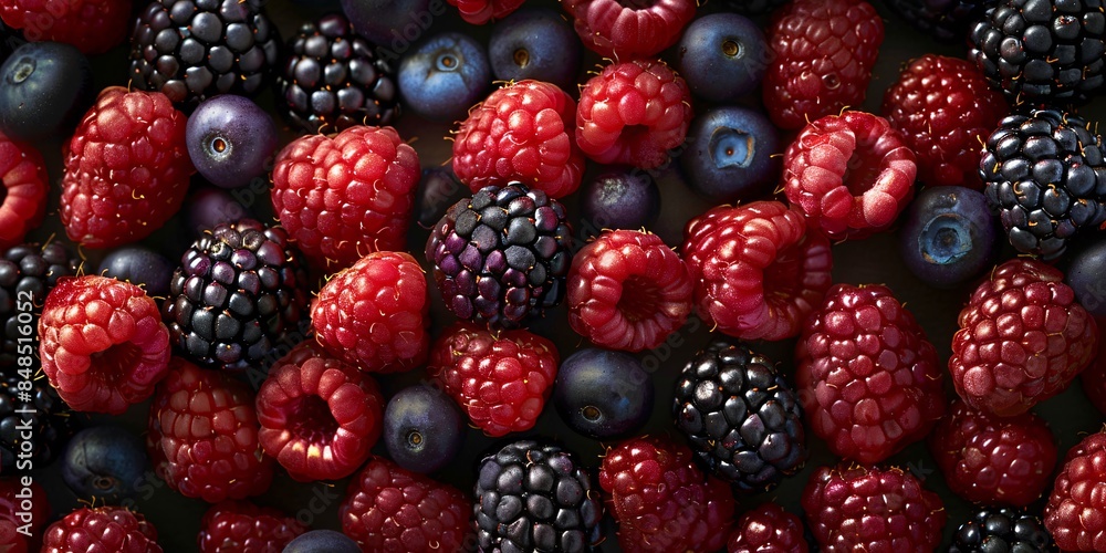 Close-up of various fresh berries with water droplets, including strawberries, blueberries, raspberries, and blackberries.
Close-up of various fresh berries with water droplets, including strawberries, blueberries, raspberries, and blackberries.