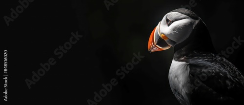 Puffin, a seabird with a contrasting black and white body, its bright orange beak standing out against the ocean backdrop photo