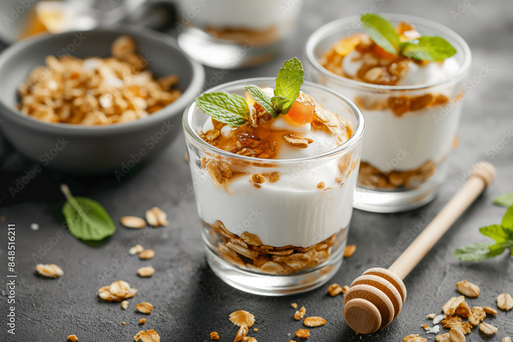 Yogurt Parfait with Granola, Honey in elegant glasses a nutritious, tasty meal or snack. Healthy eating Yogurt Parfait with Granola, Honey in elegant glasses a nutritious, tasty meal or snack. Healthy eating