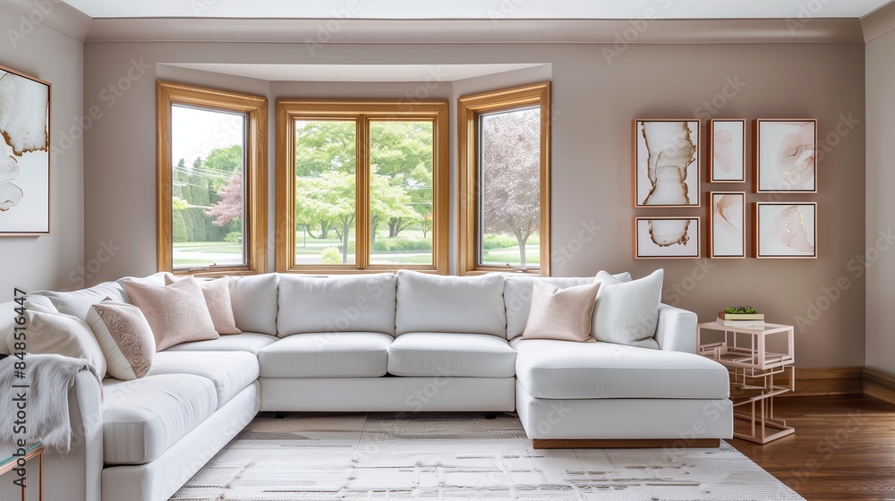Fototapeta premium A chic living room featuring taupe walls, a sleek white sectional, a sizable bay window with a wooden frame, and a display of rose gold frames containing abstract paintings on the sofa side wall