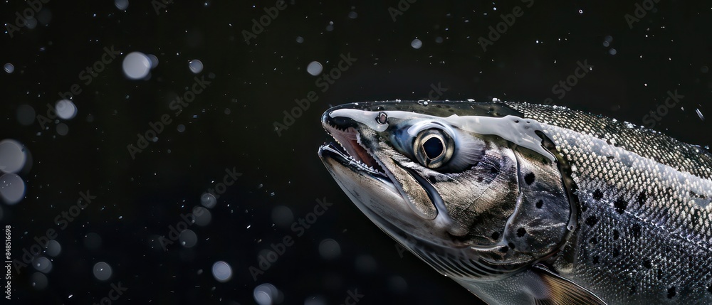 Salmon, a prized catch of fishing enthusiasts, its shimmering scales reflecting its vitality and freshness Salmon, a prized catch of fishing enthusiasts, its shimmering scales reflecting its vitality and freshness
