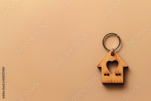 Wooden house keychain with heart cutout on beige background, real estate concept, top view. Space for text. High quality.