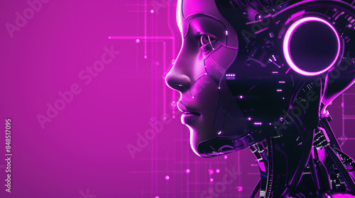 Futuristic Female Robot in Neon Light.  Artificial Intelligence, cybernetics, robotics, innovation and future concepts.