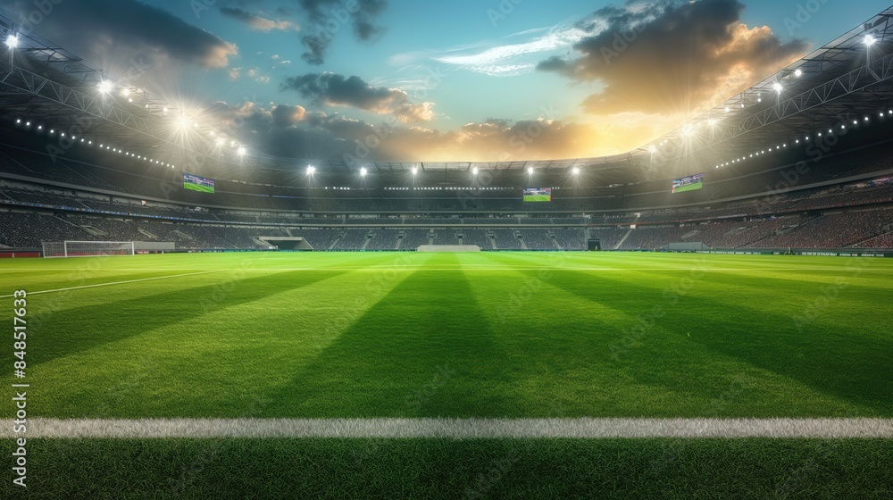 Stunning Soccer Stadium at Sunset with Lush Green Field and Bright Stadium Lights, Perfect for Sports Events, Competitions, and Team Practices, Capturing the Essence of Professional Soccer Atmosphere Stunning Soccer Stadium at Sunset with Lush Green Field and Bright Stadium Lights, Perfect for Sports Events, Competitions, and Team Practices, Capturing the Essence of Professional Soccer Atmosphere