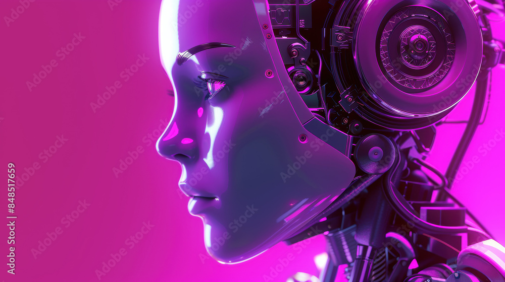 Futuristic Female Robot in Neon Light. Artificial Intelligence, cybernetics, robotics, innovation and future concepts. Futuristic Female Robot in Neon Light. Artificial Intelligence, cybernetics, robotics, innovation and future concepts.