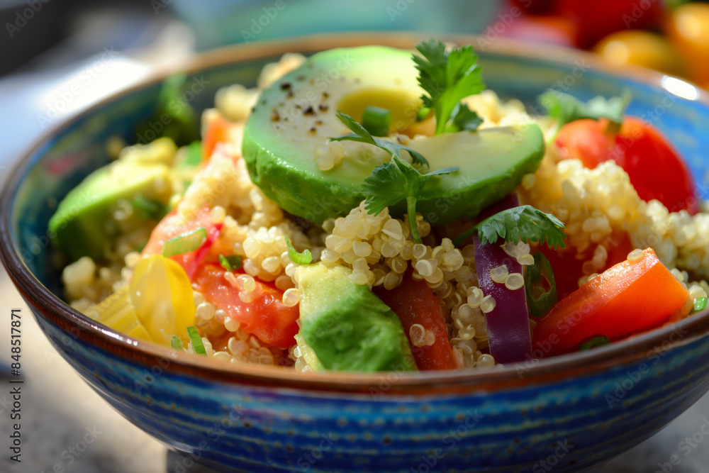 Fresh quinoa salad in a bowl with avocado, vegetables, and herbs, perfect for a nutritious meal. Ideal for promoting healthy eating and vibrant food choices. Fresh quinoa salad in a bowl with avocado, vegetables, and herbs, perfect for a nutritious meal. Ideal for promoting healthy eating and vibrant food choices.