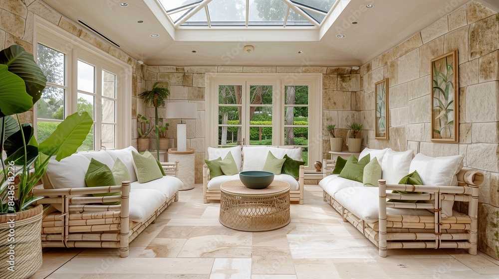 A nature-inspired living room with beige stone walls, white bamboo furniture, a large skylight window, and earthy green accents A nature-inspired living room with beige stone walls, white bamboo furniture, a large skylight window, and earthy green accents