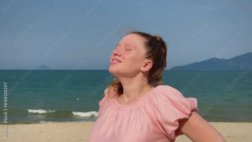 Happy young woman enjoy freedom at summer vacation on sea, beach Happy young woman enjoy freedom at summer vacation on sea, beach