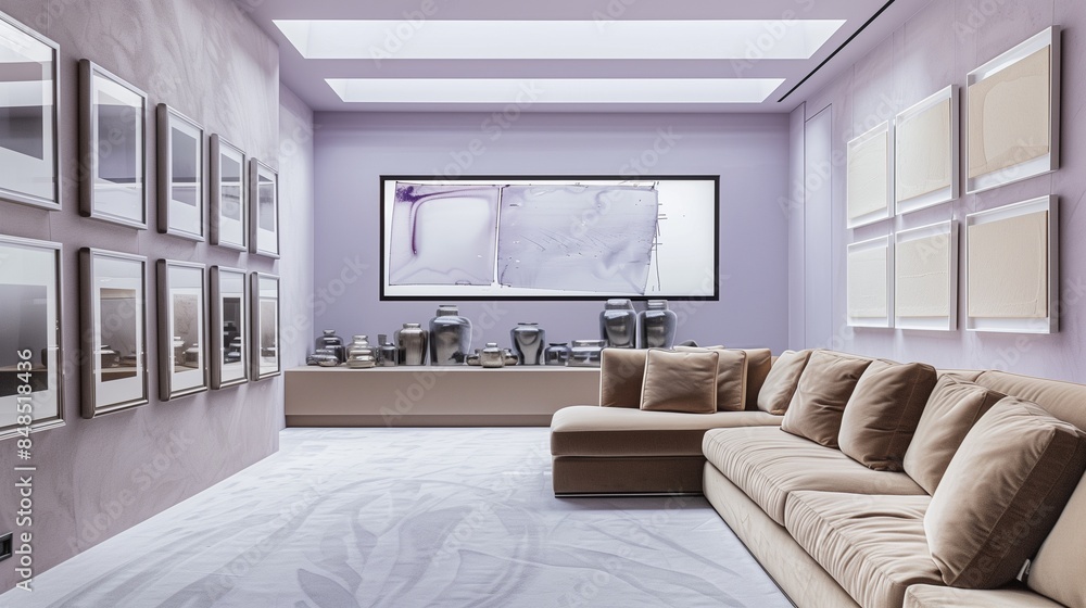 Fototapeta premium A refined living room adorned with soft lavender walls, a beige suede sofa, a large rectangular window with a black frame, and an assortment of silver frames
